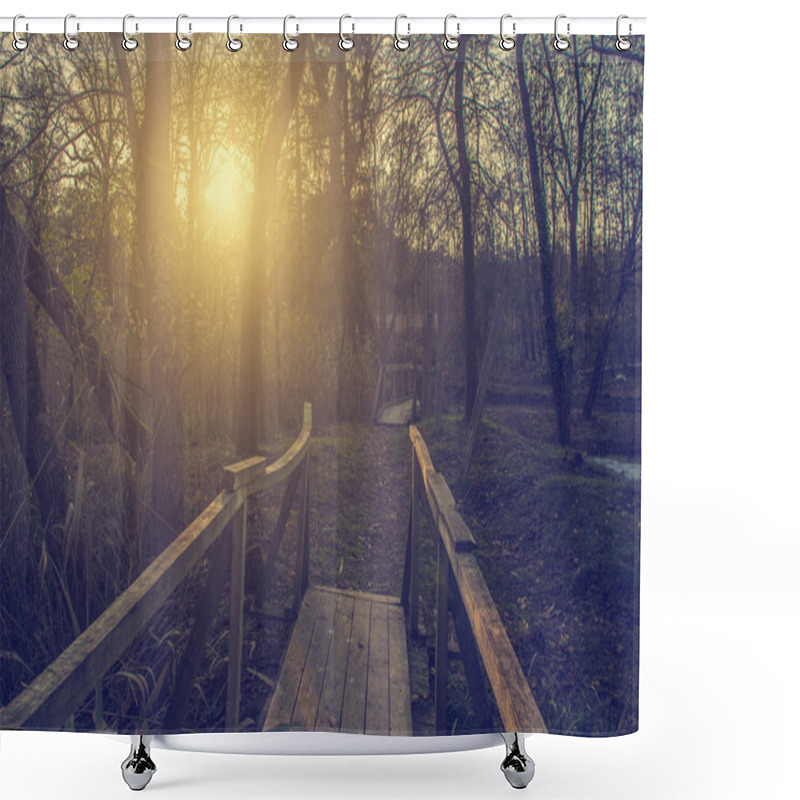 Personality  Bridge In Autumn Forest Shower Curtains