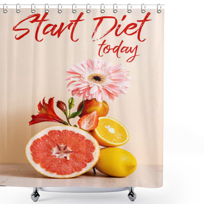 Personality  Floral And Fruit Composition With Citrus Fruits, Strawberry And Peach Near Start Diet Today Lettering On Beige  Shower Curtains