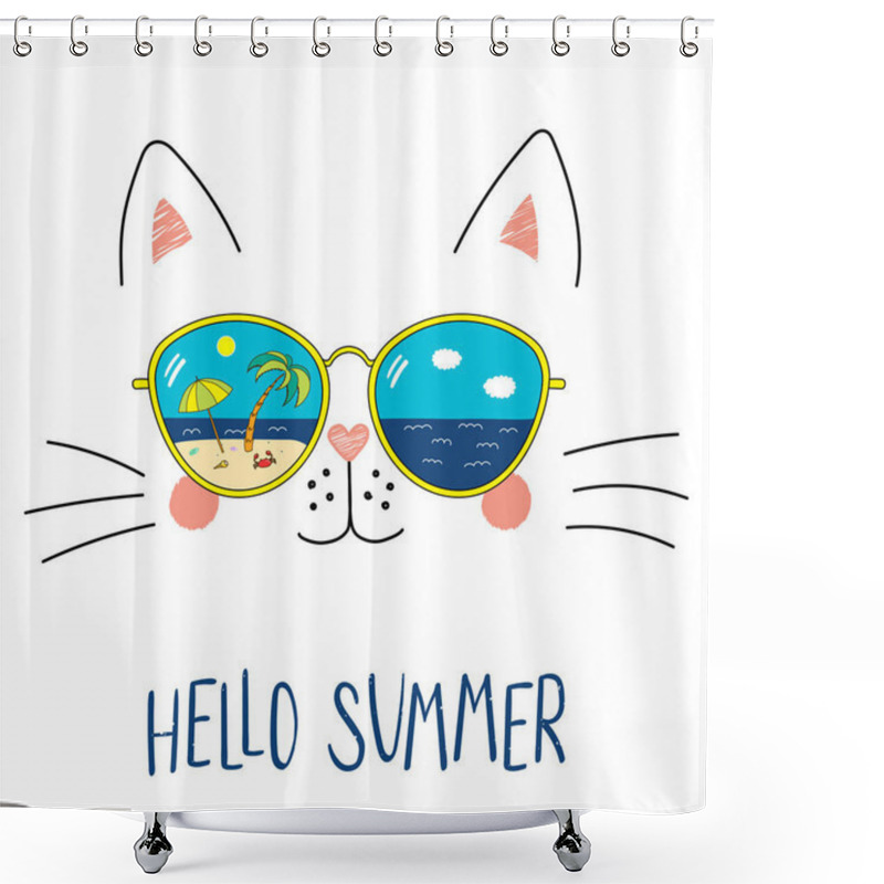 Personality  Hand Drawn Cute Cartoon Funny Cat In Sunglasses With Beach Scene Reflection And Text Hello Summer, Vector, Illustration Shower Curtains