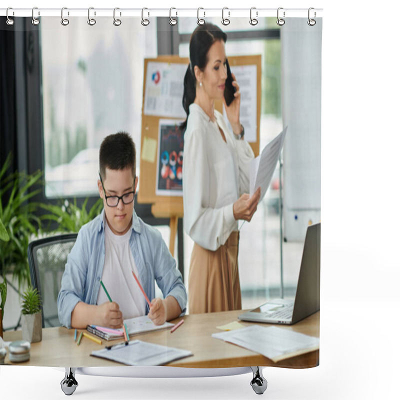 Personality  A Mother Works On The Phone And Paperwork While Her Son With Down Syndrome Sits At A Desk Drawing In An Office. Shower Curtains