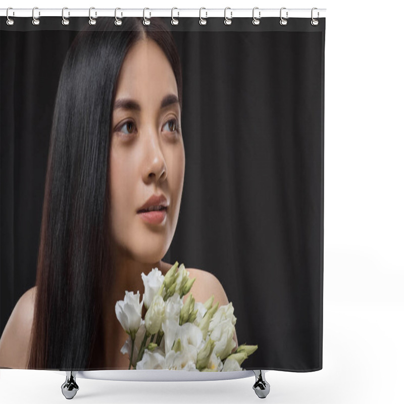 Personality  Portrait Of Asian Woman With Beautiful Dark Hair And Bouquet Of White Eustoma Flowers Isolated On Black Shower Curtains