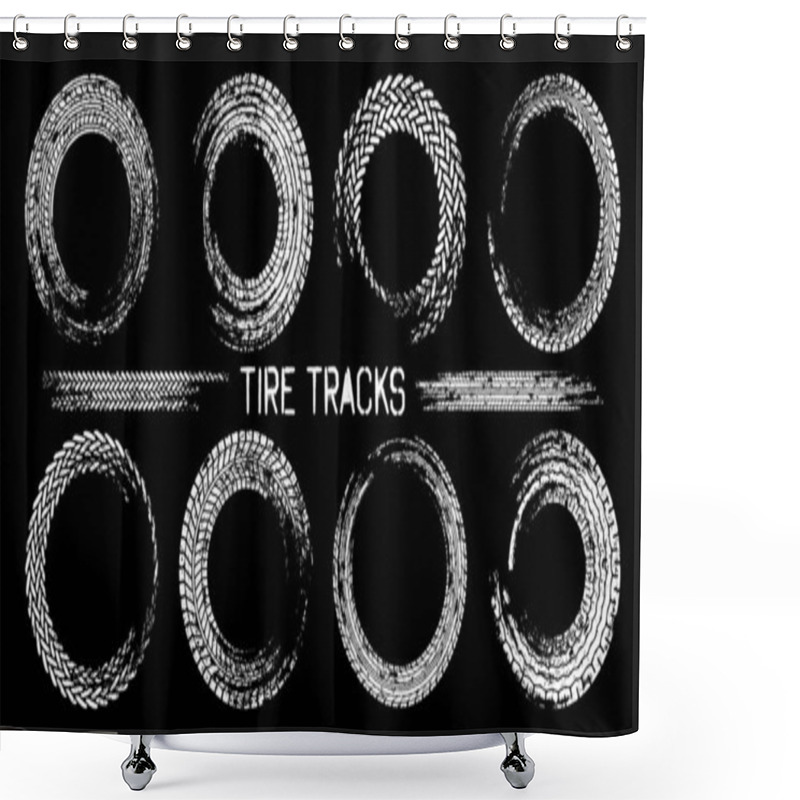 Personality  Grunge Circle Tire Tracks, Wheel Braking Marks. Truck, Car Or Motorcycle Tread Pattern Silhouettes. Auto Race, Motorsport, Speed Racing Design Element. Vector Illustration. Shower Curtains