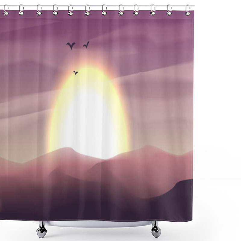 Personality  Desert Panoramic Landscape With Dunes And Sunset, Sundown In Blue And Magenta Colors. Calm Desert Background, Dune And Hills. Game Deserts Scene With Big Sun And Clouds Shower Curtains