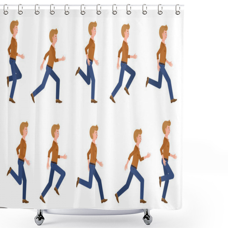 Personality  Young, Adult Man Wearing Jeans Running Sequence Poses Vector Illustration. Fast Moving Forward, Hurry, Rush Male Person Cartoon Character Set On White Shower Curtains