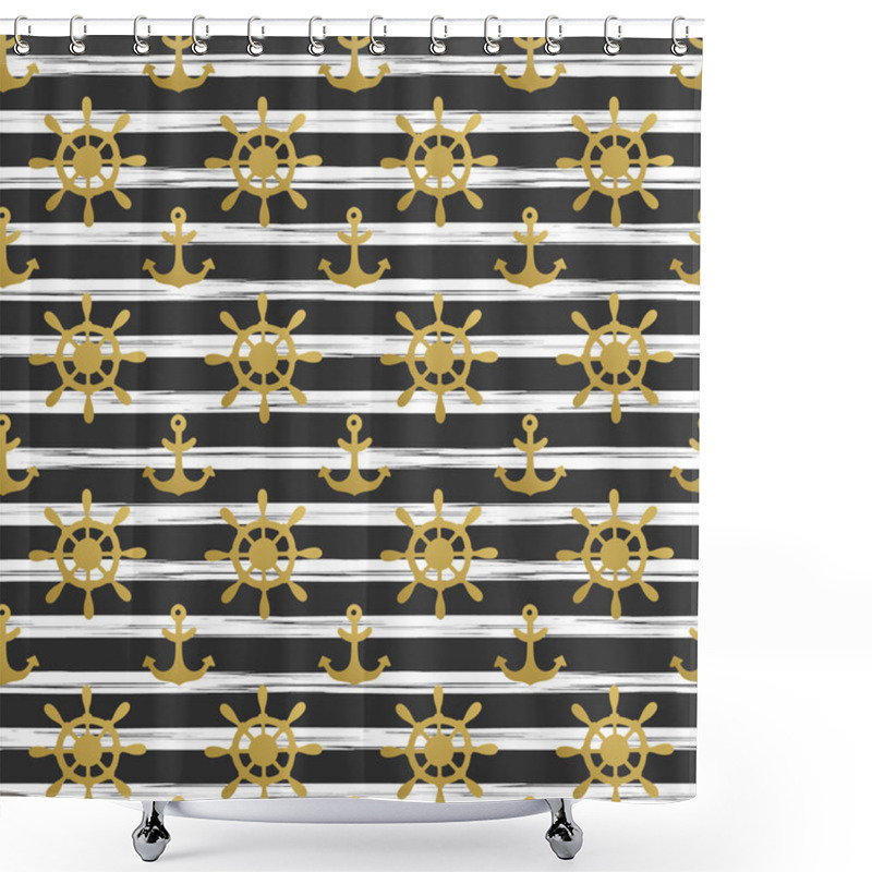 Personality  Seamless Nautical Pattern With Golden Anchors And Ship Wheels On White Black Striped Background.  Shower Curtains