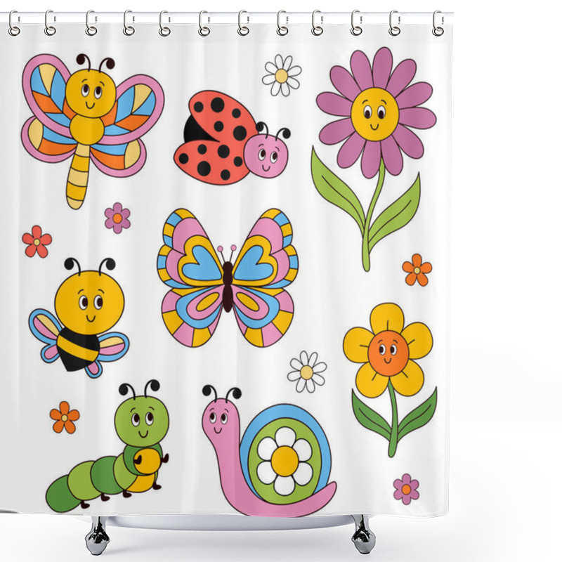 Personality  Set Of Isolated Funny Insects And Flowers Shower Curtains