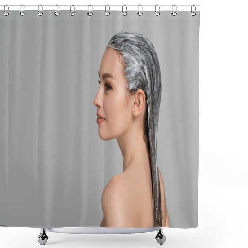 Personality  Side View Of Cheerful Young Woman With Bare Shoulders And Hair Mask Isolated On Grey  Shower Curtains