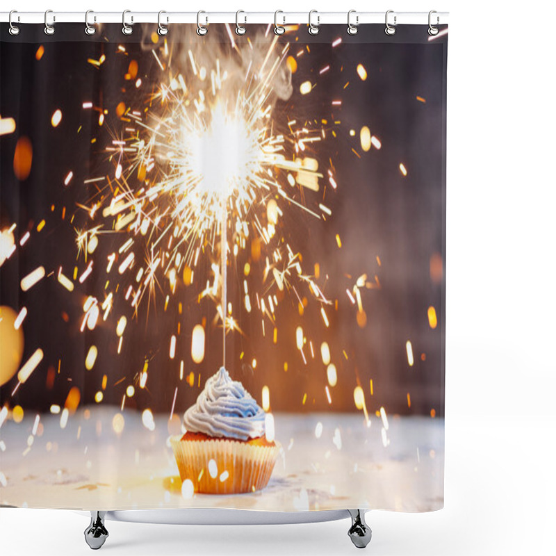 Personality  Birthday Cupcake With A Sparkler Shower Curtains