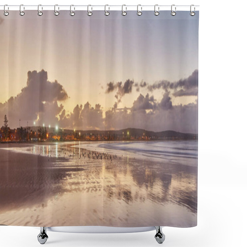 Personality  Beautiful Sunset On The Beach With Water Reflections, Seagulls On The Sand And Windmills On Background Shower Curtains