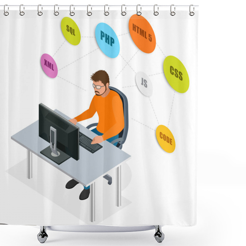 Personality  Developer Using Laptop Computer. Web Development Concept. Web Programming Concept. Programming, Coding, Testing, Debugging, Analyst, Code Developer Flat 3d Isometric Vector Illustration Shower Curtains