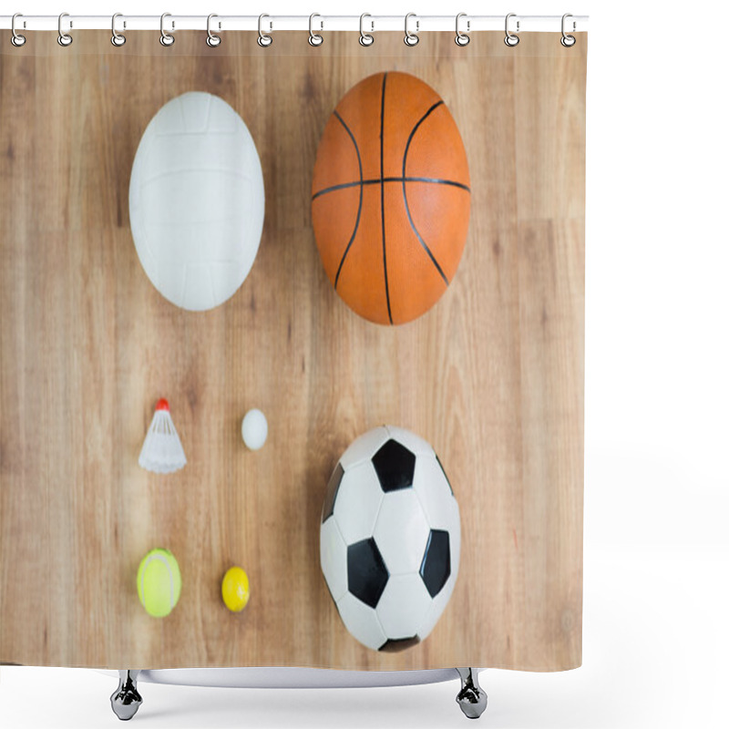 Personality  Close Up Of Different Sports Balls And Shuttlecock Shower Curtains