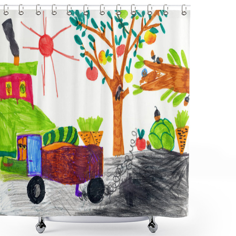 Personality  Children's Drawing. Harvesting In The Village Shower Curtains