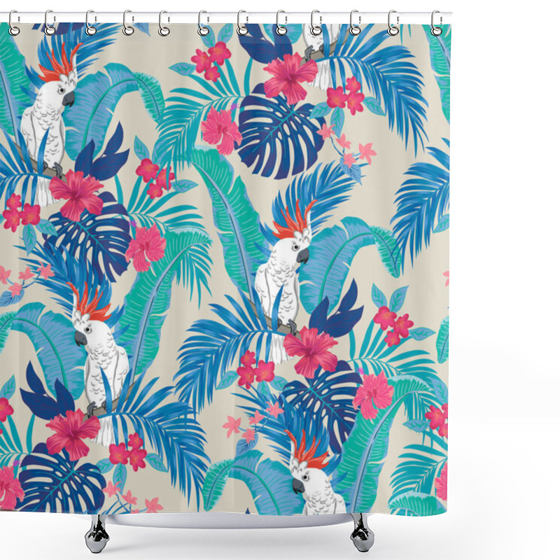 Personality  Vector Seamless Botanical Tropical Pattern With Parrots And Flowers. Floral Exotic Background Design With Banana Leaf, Areca Palm Leaves, Monstera Leaves, Hibiscus Flowers, Frangipani. Shower Curtains