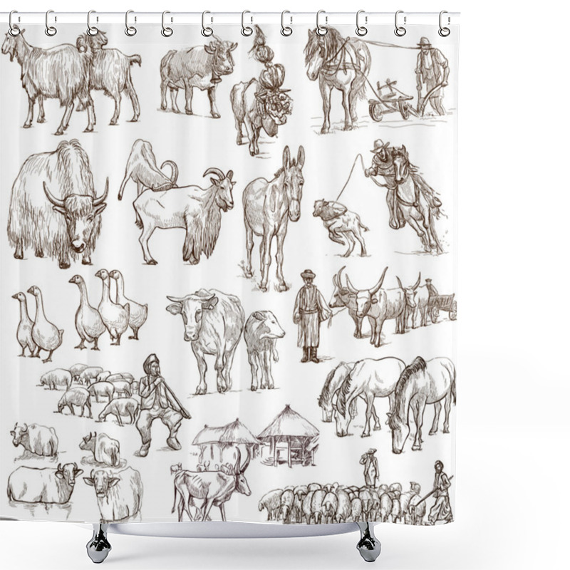 Personality  Farm Animals. Full Sized Hand Drawn Illustrations. Shower Curtains