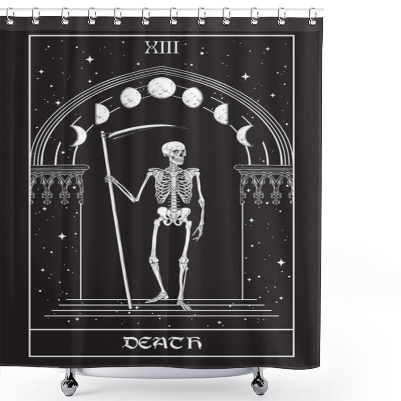 Personality  Tarot Card Death Grim Reaper With The Scythes In Front Of The Gothic Arch With Moon Vector Illustration. Hand Drawn Gothic Style Placard, Poster Or Print Design. Shower Curtains