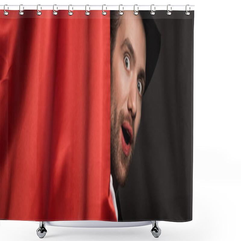 Personality  Panoramic Shot Of Shocked Handsome Magician In Suit And Hat In Circus With Red Curtains Shower Curtains