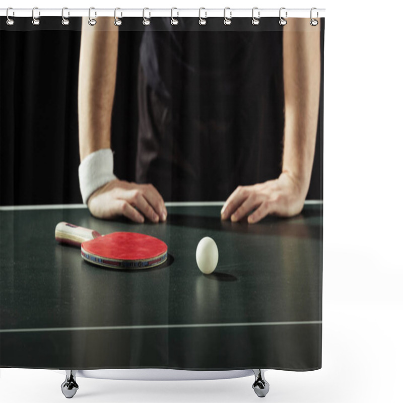 Personality  Partial View Of Tennis Player Leaning On Tennis Table With Racket And Ball Isolated On Black Shower Curtains