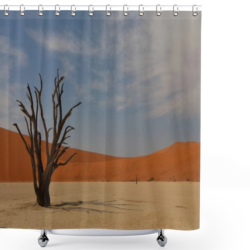 Personality  Deadvlei, A Vast Desert Landscape In Sossusvlei, Namibia, Featuring A White Clay Pan Surrounded By Towering Red Sand Dunes And Scattered Dead Camelthorn Trees Under A Blue Sky Shower Curtains