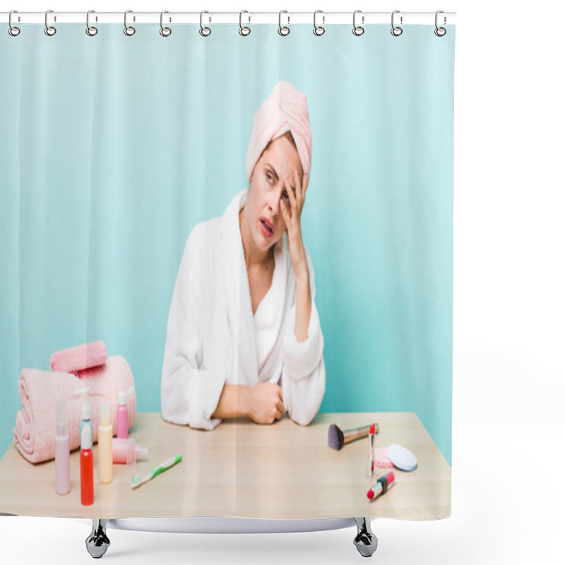 Personality  Young Pretty Woman  Feeling Bored, Frustrated And Sleepy After A Tiresome. Making Up Concept Shower Curtains