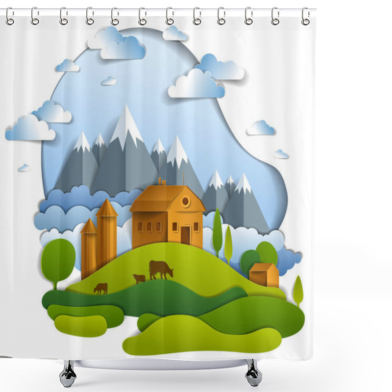 Personality  Scenic Landscape Of Farm Buildings Among Meadows Trees, Mountain Range And Clouds In The Sky, Vector Illustration Of Summer Time Relaxing Nature In Paper Cut Style. Countryside Beautiful Ranch.     Shower Curtains