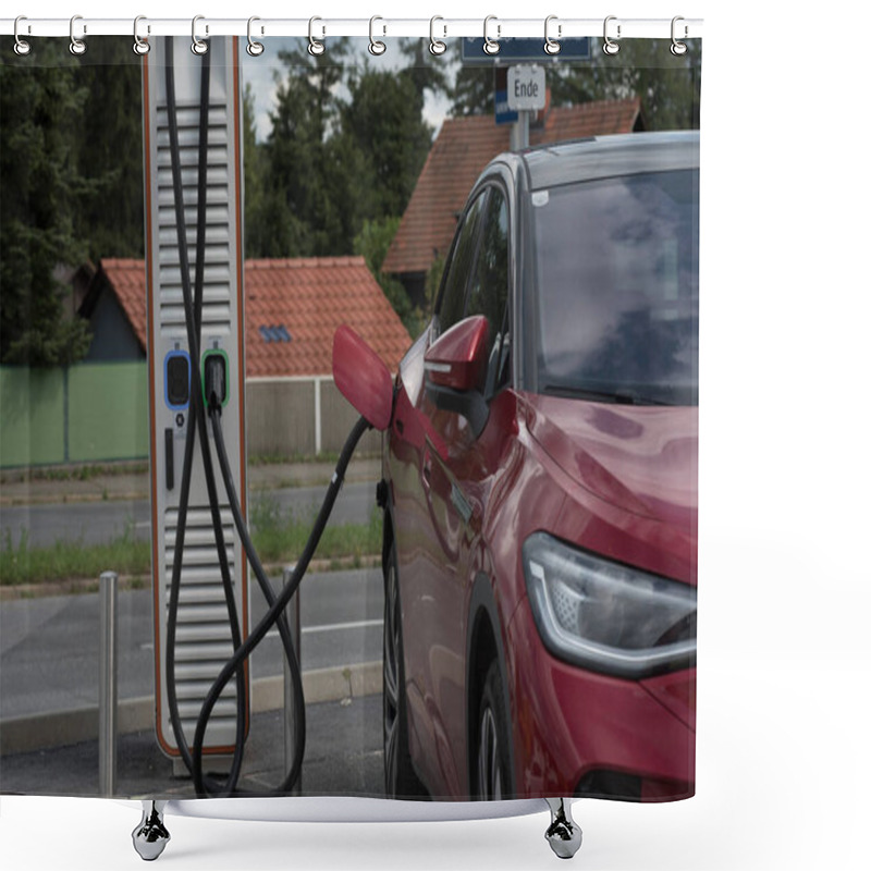 Personality  Charging Of An Electric Car At An Electric Filling Station Shower Curtains