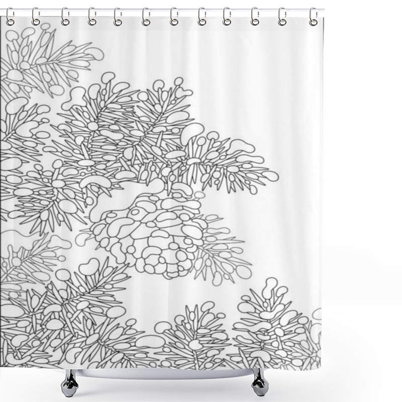 Personality  Cone Hanging On A Snow-covered Prickly Fir-tree Branch On A Cold Winter Day, Black And White Vector Cartoon Illustration On A White Background Shower Curtains