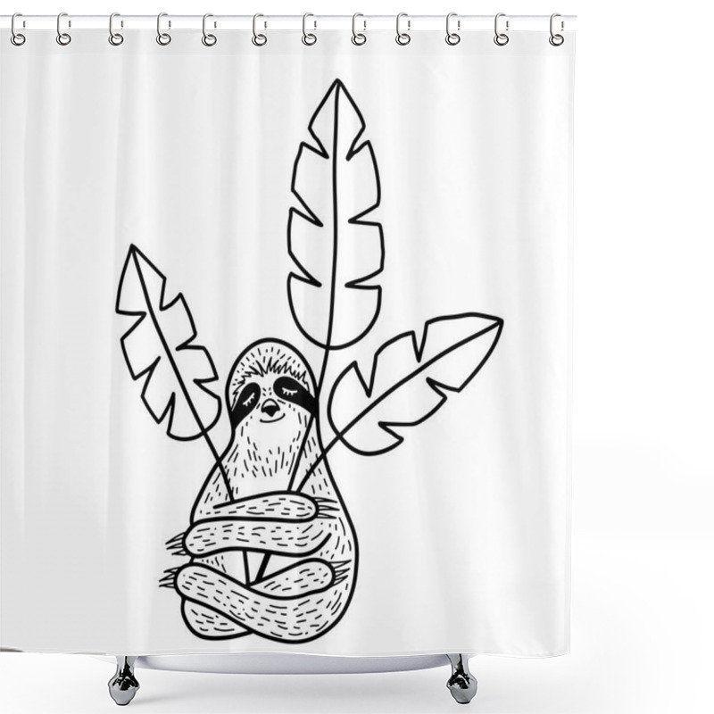 Personality  Cute Hand Drawn Sloth Sleeping And Hugging Troplical Leaves. Outline Doodle Style. Vector Illustration Shower Curtains