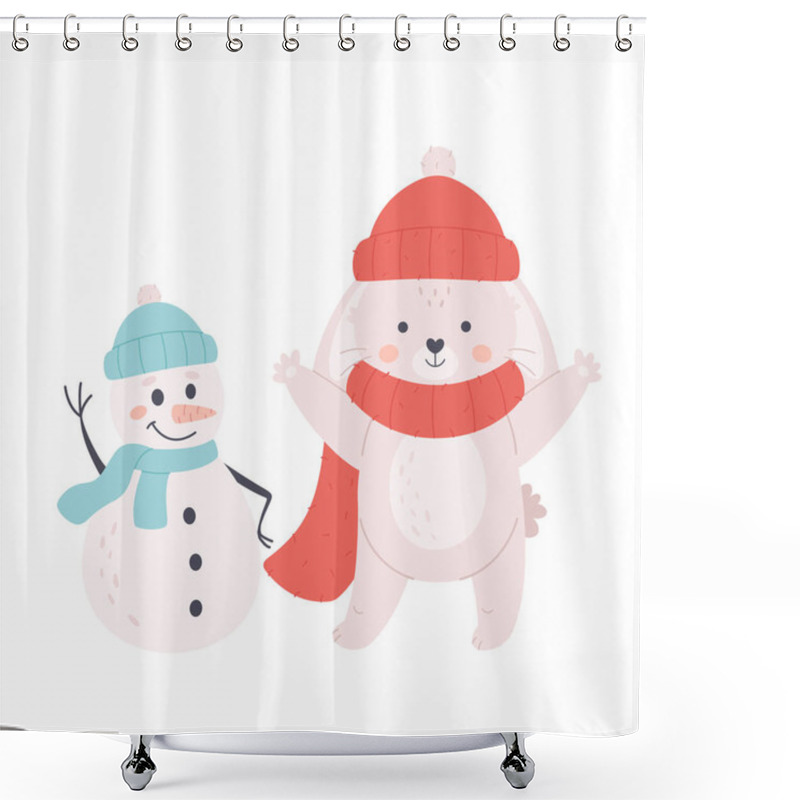 Personality  Cute White Bunny In Knitted Scarf And Hat With Snowman. Winter Time. New Year. Year Of The Rabbit. Vector Illustration Shower Curtains