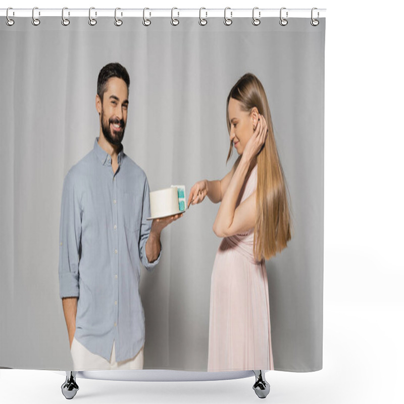 Personality  Positive And Bearded Man Holding Cake Near Elegant Pregnant Wife In Pink Dress During Gender Party On Grey Background, Expecting Parents Concept, Gender Party, It`s A Boy, Cutting Cake  Shower Curtains