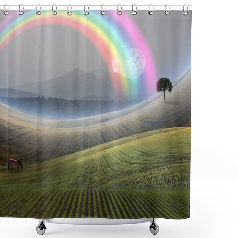 Personality  Peaceful Landscape With Mountain And Rainbow. Giant Moon Rises At The Horizon. Horse Grazes In The Field Shower Curtains