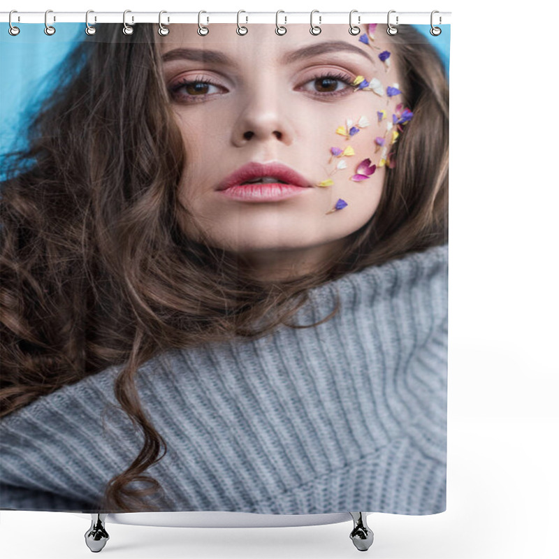 Personality  Close-up Portrait Of Woman In Warm Grey Sweater With Flowers Attached To Face Shower Curtains