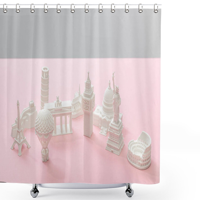 Personality  Figurines From Countries On Pink And Grey  Shower Curtains