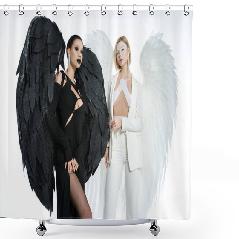 Personality  Woman In Costumes Of Holy Angel And Dark Demon With Wings Looking At Camera On White, Halloween Shower Curtains