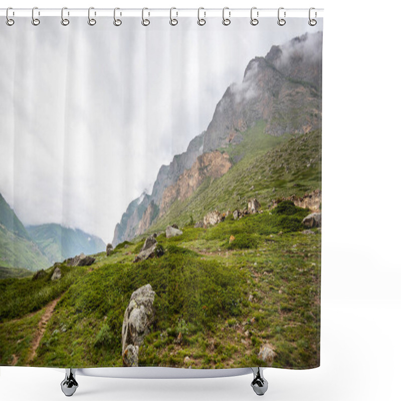 Personality  Alpine Meadows Leading To Rugged Mountain Peaks Shrouded In Mist, With A Trail Meandering Through The Green Expanse Under A Cloudy Sky Shower Curtains