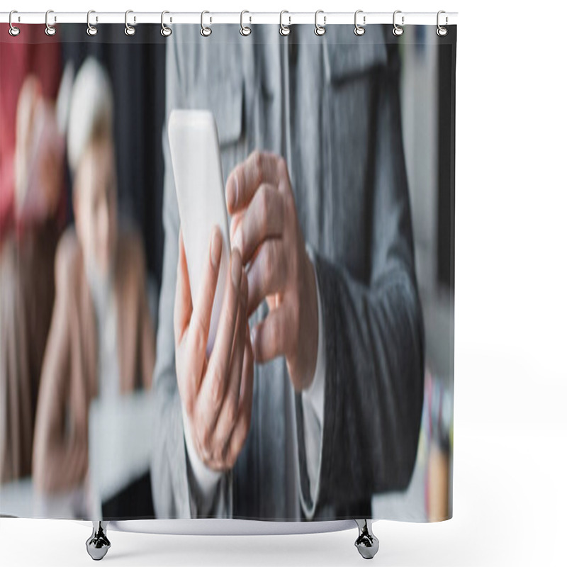 Personality  Partial View Of Man Using Mobile Phone In Ad Agency On Blurred Background, Banner Shower Curtains