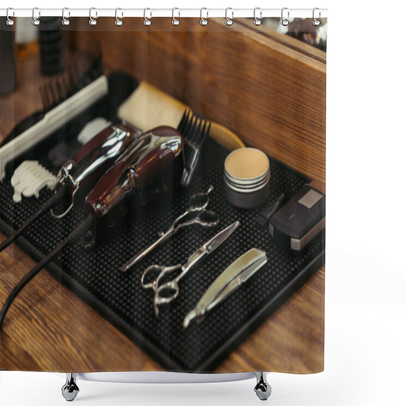 Personality  Close-up View Of Set Of Professional Barber Tools On Wooden Shelf In Barbershop Shower Curtains