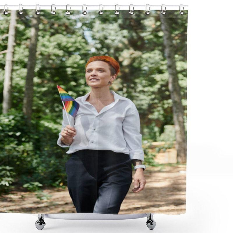 Personality  A Teacher In A White Shirt And Black Pants Walks Through A Wooded Campus, Holding A Rainbow Flag. Shower Curtains