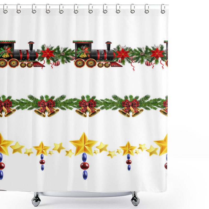 Personality  Little Christmas Train Seamless Pattern Decorated Red Ribbon Vector Shower Curtains