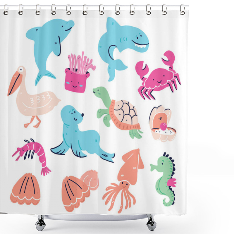 Personality  Cute Set Of Hand Drawn Sea Animals Isolated Shower Curtains