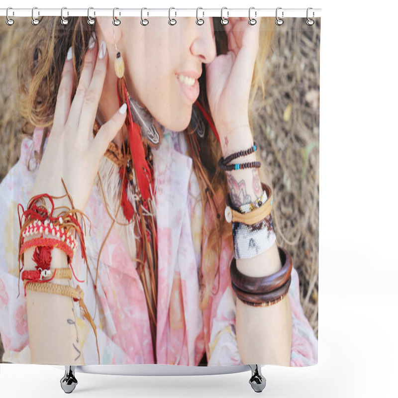 Personality   Female Neck And Hands With Boho Bracelets And Necklace With Red Shower Curtains