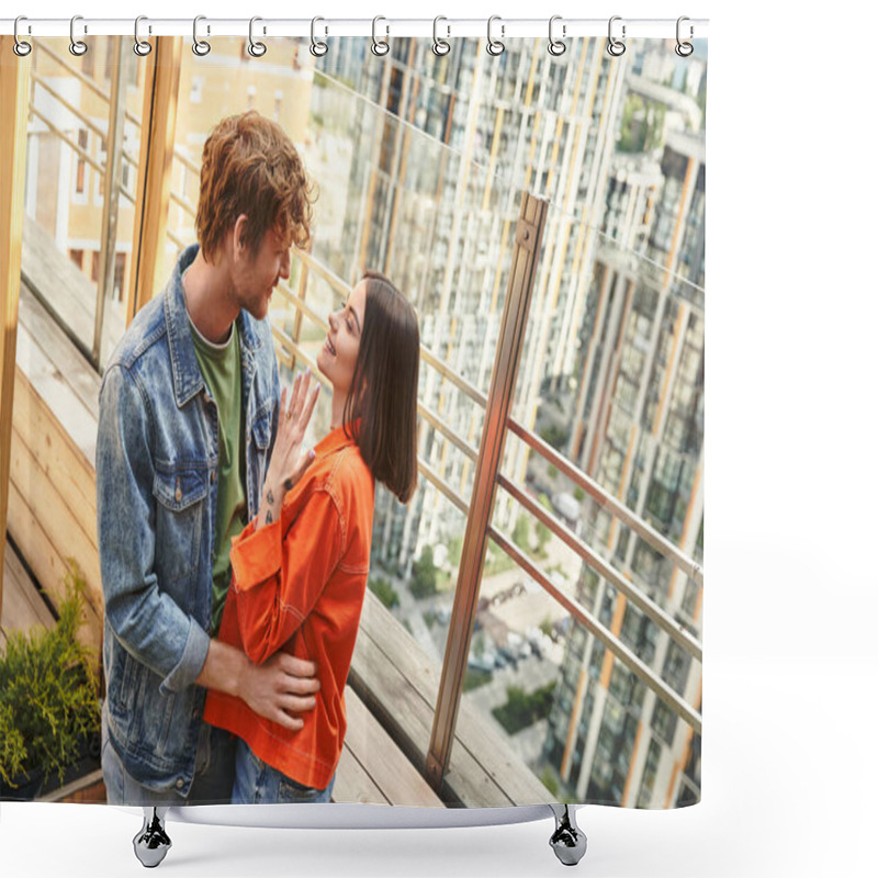 Personality  A Man And A Woman Stand Side By Side On A Balcony, Taking In The Scenery Around Them Shower Curtains