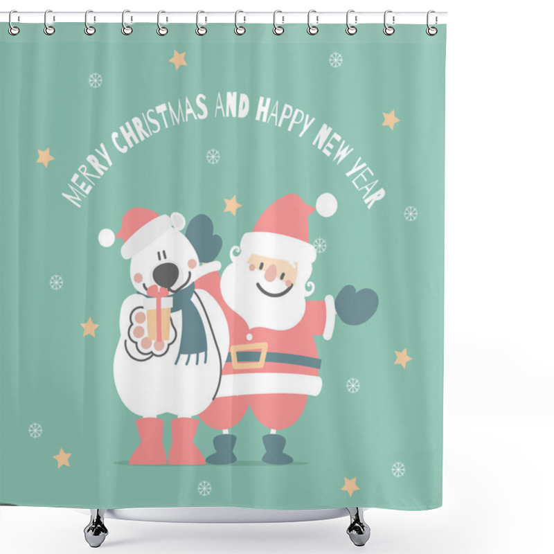 Personality  Merry Christmas And Happy New Year With Cute Santa Claus And White Teddy Polar Bear, Snowflake, Star In The Winter Season Green Background, Flat Vector Illustration Cartoon Character Costume Design Shower Curtains