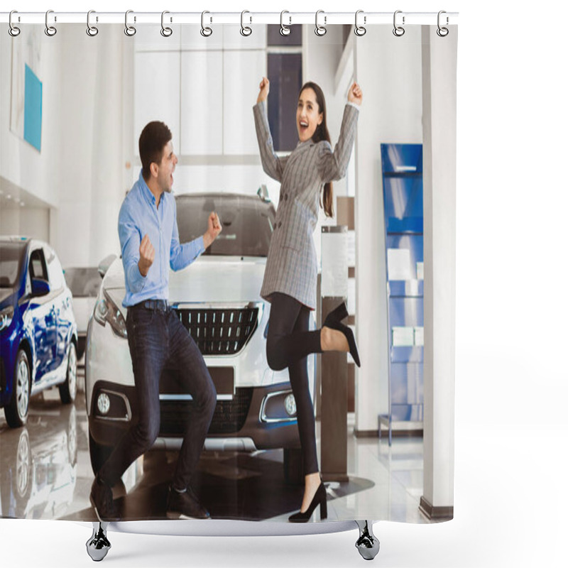 Personality  Happy Car Owners. Joyful Couple Celebrating Buying Auto Shaking Fists Jumping Standing In Automobile Dealership Showroom Shower Curtains