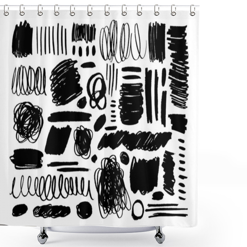 Personality  Black Dry Brush Strokes Hand Drawn Set. Grunge Smears Collection With Curled Lines And Circles.  Shower Curtains