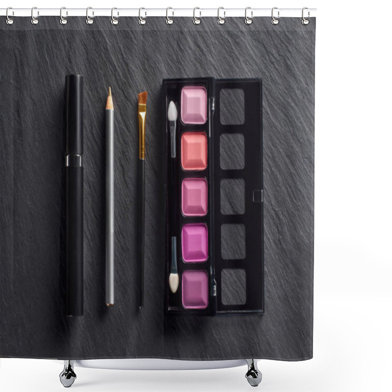 Personality  Makeup Set With Eye Shadows, Pencil And Mascara On Dark Slate Background Shower Curtains