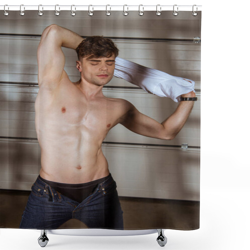 Personality  Sexy Muscular Man In Jeans Taking Off White T-shirt Shower Curtains