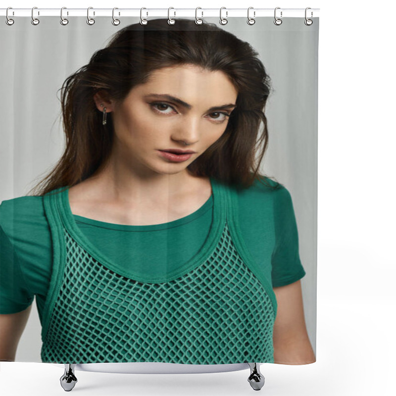 Personality  Young Woman In Emerald Green Mesh Top With Green T-shirt Poses For Portrait. Shower Curtains