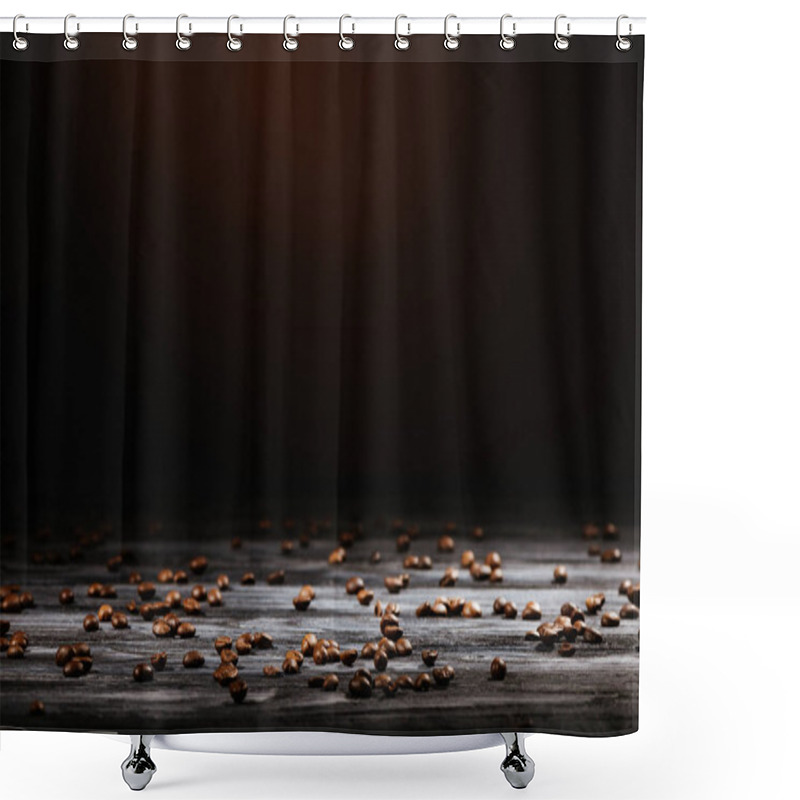 Personality  Rustic Wooden Table Spilled With Coffee Beans On Black Shower Curtains