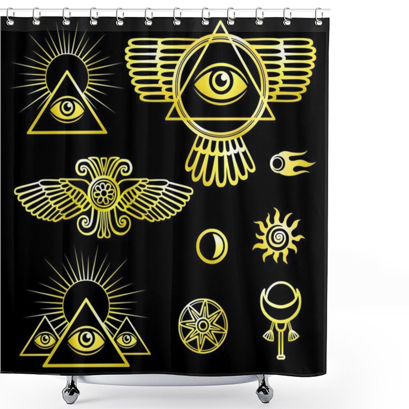 Personality  Set Of Esoteric Symbols: Wings, Pyramid, Eye, Moon, Sun, Comet, Star. The Isolated Golden Contour On A Black Background. Shower Curtains