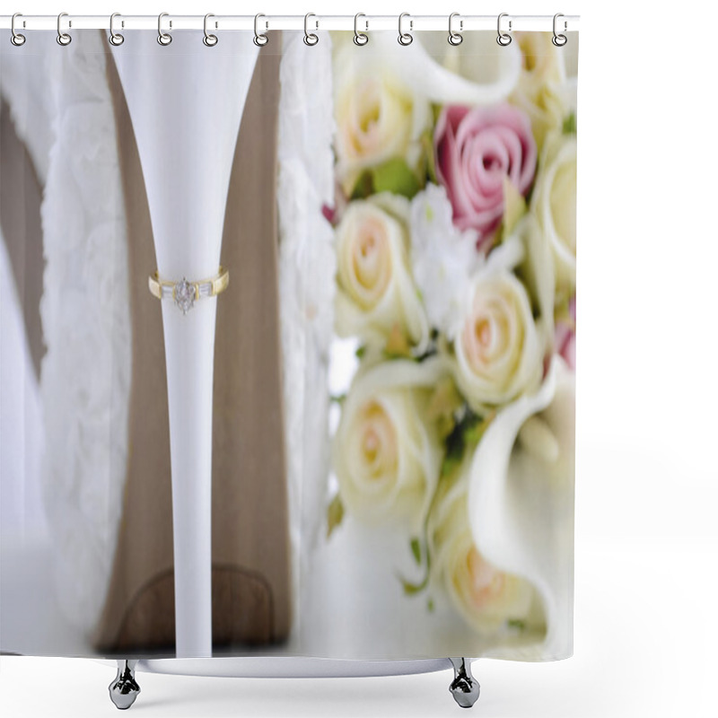 Personality  Wedding Ring On Beautiful White Stiletto Shoe Heel.  Shower Curtains